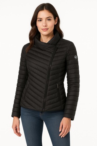 Piumino Michael Kors confezionabile donna L nero asimmetrico puffer coat