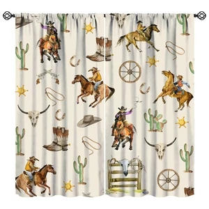 Western Cowboy Blackout Curtains Vintage Aztec Cactus Bohemian Cow Bull Skull... - Photo 1/6