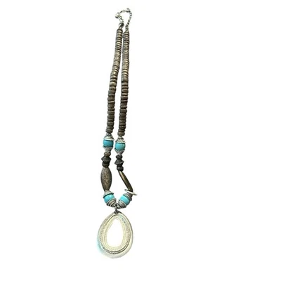 Collar Joyería Colgante Tono Plata Cuentas Madera Boho Acento Turquesa Foto 1 de 2