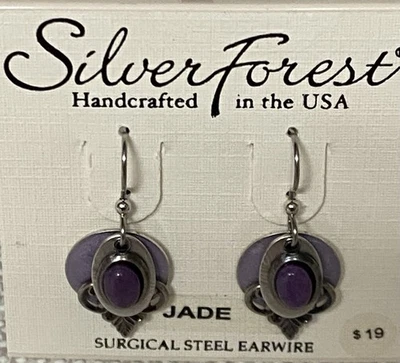 New Silver Forest Jade Purple Stone Earrings Layered Silver Tone Surgical Steel - Image 1 of 3
