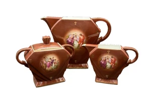 Rare Royal Epiag Czech Brown Courting Couple Sugar Creamer Coffee Pot - No Lid - Picture 1 of 24