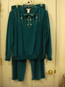 Womens Alfred Dunner Teal Embellished Velour Elastic Waist Tracksuit Set Size XL - Picture 1 of 13