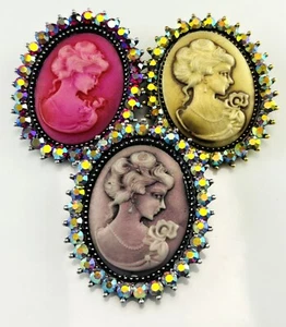 LOT OF 3 VINTAGE REVIVAL RHINESTONE BROOCHES CAMEO PINK PURPLE GOLD - Picture 1 of 2