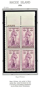 1936 U.S. COMMEMORATIVE 3c RHODE ISLAND Plt#Blk of 4 Sc#777 M/NH/OG GEM ^ - Picture 1 of 1