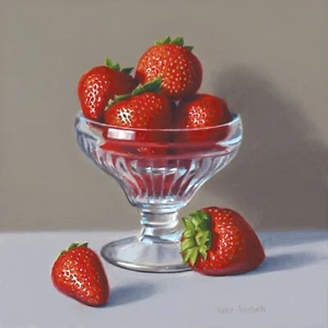 DANFORTH Erdbeeren im Eisglas, 8x8 Stillleben Ölgemälde Original - Bild 1 von 3