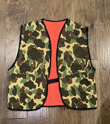 Vintage Reversible Quilted Duck Camouflage Orange Hunting Vest USA Nylon Shell - Image 1 of 4