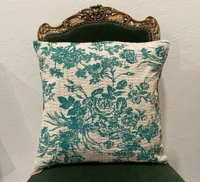 NWT 18” Square Cotton Chambray Toile Green & Taupe Creative Co-Op Throw Pillow - Image 1 of 4