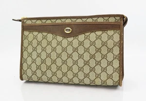 Auth Vintage GUCCI Brown GG PVC and Leather Cosmetic Clutch Bag Pouch #61448 - Picture 1 of 18