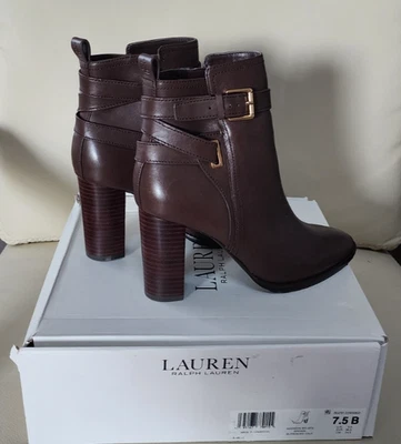 Ralph Lauren Madisyn Botas Marrón Cuero de Becerro Pulido Mujeres 7.5 Cremallera Hebilla Nuevas en Caja Foto 1 de 4