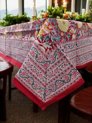 Hand Block Print India Tablecloth 100%Cotton Floral Rectangular Red 60*90 Inch - Image 1 of 4