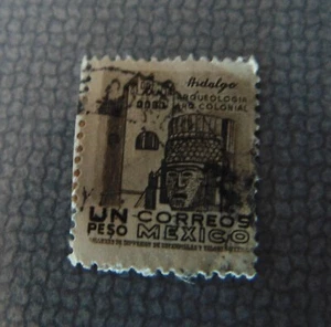 Un Peso Correos Hidalgo archäologischer Kolonialstempel Maya Mexiko brauner Stempel - Bild 1 von 3