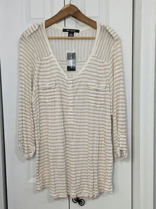 89th & Madison NWT Women's Size 1X Long Sleeve Shirt White Tan Striped - Picture 1 of 4
