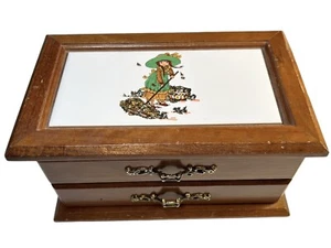HOLLY HOBBIE Wood Jewelry Box Ceramic Top Felt Lined Flip Top Mirror Drawer 8” - Picture 1 of 11