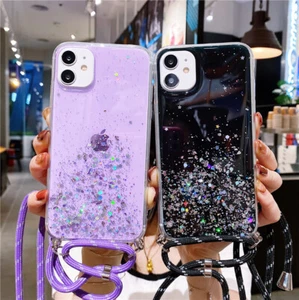 Hülle Für iPhone 16 15 14 13 12 Pro Max 11 XR Glitzer Silikon mit Lanyard Cover - Bild 1 von 17
