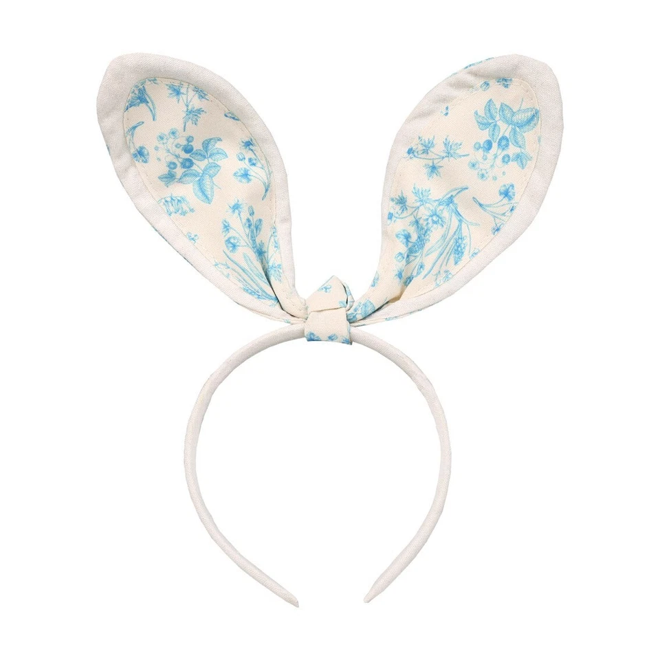 Blue and White Toile de Jouy Playful Bunny Easter Fabric Bunny Ears Headband - Image 1 of 1