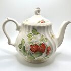 WESSEX Collection Fine Bone China Strawberries/Butterfly Swirl Teapot+Lid White