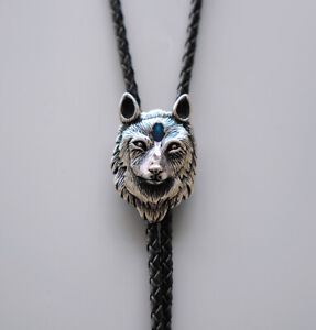 New Vintage Style Stainless Steel Blue Enamel Wolf Bolo Tie