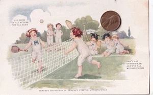 MUNSING CHILDRENS UNDERWEAR CA. 1900 MINT ADVERTISING POSTCARD CHILDREN TENNIS - Picture 1 of 2