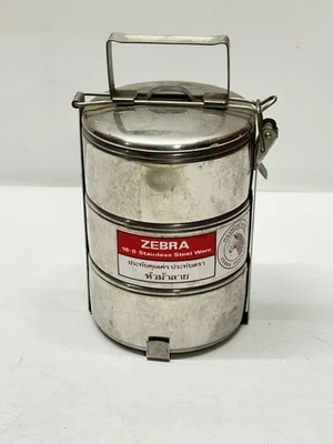 Zebra Stackable 3 Tier Metal Bento Lunch Box Made in Thailand 7"tall 4.5"dia - Image 1 of 4