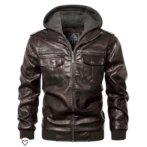 MagcoMsen Faux Leather Jacket Brown Layered Removable Hood Moto Sz XL Men's - Picture 1 of 13