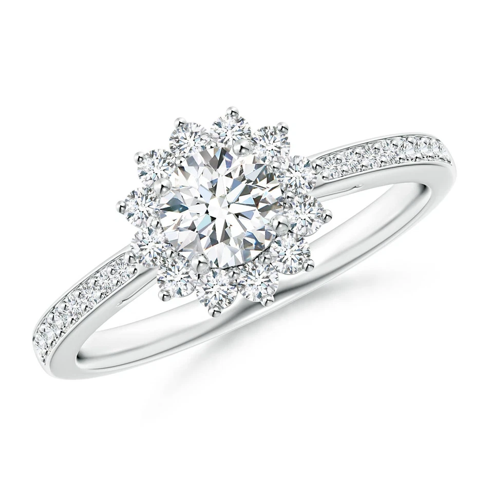 Anel de diamante redondo halo floral ANGARA 0,76 quilates com detalhes em ouro maciço 14K - Imagem 1 de 1