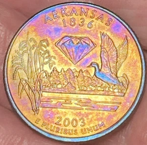 2003-P Arkansas State Quarter Beautiful Lustrous Gold/Rainbow Toned Coin XF #19 - Picture 1 of 10