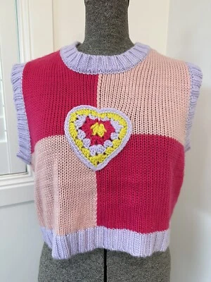 The Ragged Priest Cropped Knit Pink Sweater Best Crochet Heart Check Size L  - image 1 of 4