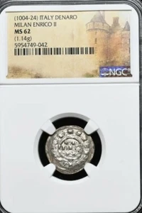 Enrico II, 1014-1024AD. Milan Mint, Silver Denaro, Italian States. NGC MS62 - Picture 1 of 2