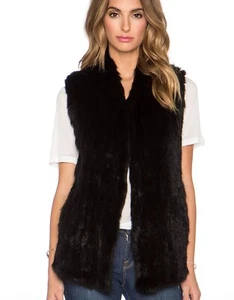 June Black Rabbit Fur Vest w/Pockets Wool Ribbed Knit Back Sz S Mod-Wife Luxury - Imagen 1 de 11