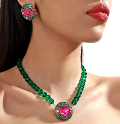 Vibrant Green Pink JEWEL Rhinestone Bead Betsey Johnson Necklace Earrings SET - Image 1 of 4