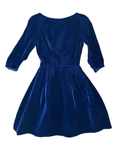 Vintage 1950s 3/4 Sleeve Navy Blue Velvet Cocktail Holiday Winter Dress XS/0-2 - Picture 1 of 18