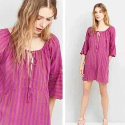 Mini Vestido Free People Folk Town de Lino Púrpura Marrón Rayas Bolsillos XXS XS Foto 1 de 4