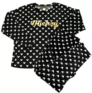 2 teiliges Disney Mickey Mouse Fleece Pyjama Set Langarm schwarz weiß L (12-14) - Bild 1 von 24