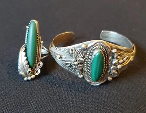 Native American Sterling Silver Malachite Cuff Bracelet and Feather Ring  - Picture 1 of 12