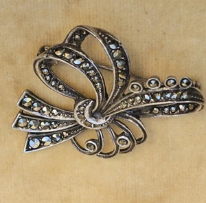 ANTIQUE MARCASITE STERLING SILVER  BOW BROOCH  MADE  IN GERMANY ART DECO 30's - Picture 1 of 7