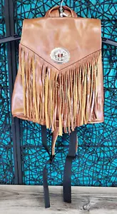 Genuine Leather Fringe Backpack Sling Bag Cognac Distressed Boho Western Mexico - Picture 1 of 13