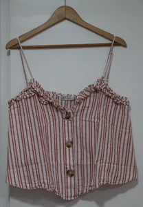 Zara Cropped Camisole Top Size L White Red Striped Button Up Ruffle Neckline VGC - Picture 1 of 12