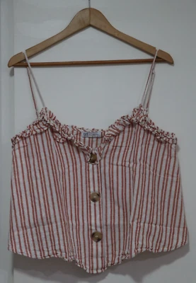 Zara Cropped Camisole Top Size L White Red Striped Button Up Ruffle Neckline VGC - Image 1 of 4