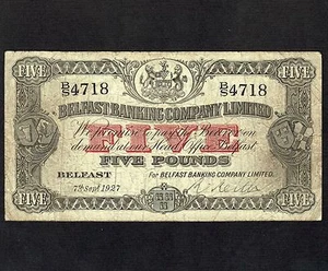 Northern Ireland 5 Pounds 1927 P-127a * F, many pinholes * Early and Rare Date * - Picture 1 of 2