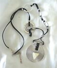 VTG FS SILVER TONE GONG MOP STATEMENT NECKLACE ON BLACK FAUX LEATHER STRING