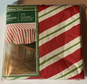 Holiday Time Tablecloth ROUND 70” PEVA Front POLYESTER Back RED GREEN CHRISTMAS  - Picture 1 of 2