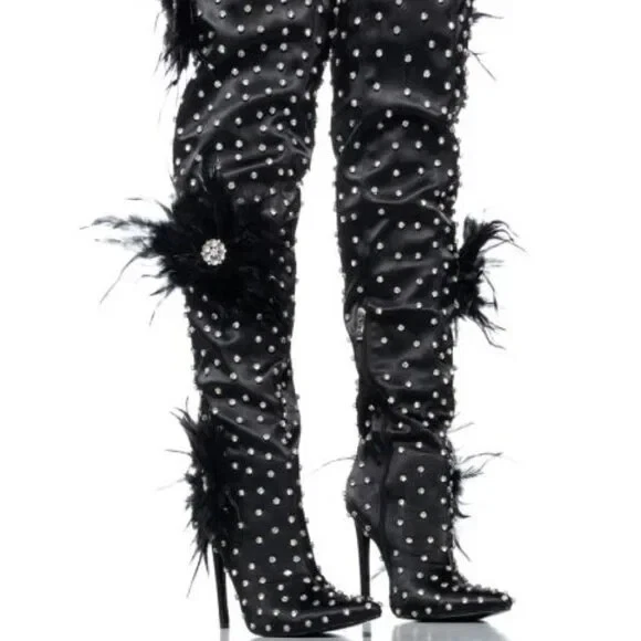 AZALEA WANG " TOP TIER " Size 11: BLACK or FUCHSIA SATIN FEATHER FLOWER BOOTS - Image 1 of 4