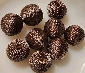 Silk Wrapped Wooden Beads Beige 9 Pcs 16mm x 17mm - Picture 1 of 3