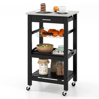 Compact Kitchen Island Cart Rolling Service Trolley w/Stainless Steel Top Basket - Image 1 of 4