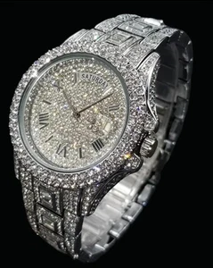 Luxury HIp Hop Fully Ice out Men's Watch Custom Bling VVS Iced Diamond Silver - Picture 1 of 4