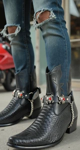 Biker Men Shoe Rider Boots Faux Leather Straps Silver Metal Skulls Gothic Pirate - Picture 1 of 24