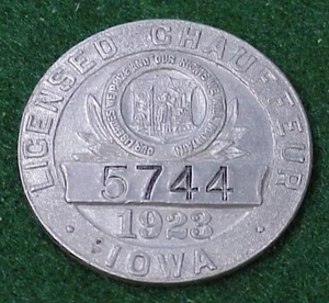 1923 IOWA Chauffeur Badge # 5744 - NO pin - Picture 1 of 4