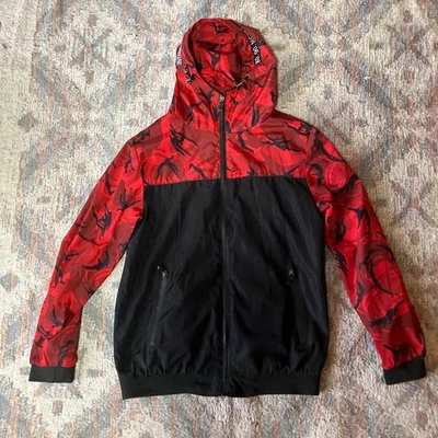 Camouflage Nylon Jacket Red/Black Hooded Zip Pocket Used - Image 1 of 4