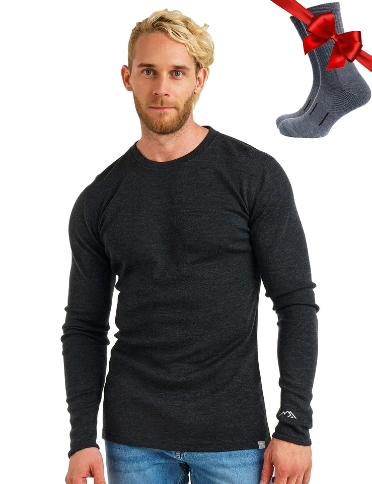 Merino Wool Base Layer - Mens 100% Merino Wool Long Sleeve Thermal Shirts Hea... - Image 1 of 4