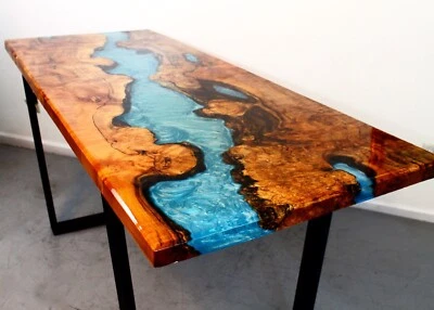 Blue Epoxy Solid Live Edge Dining Table Office Meeting Desk Top Furniture Decor - Image 1 of 3